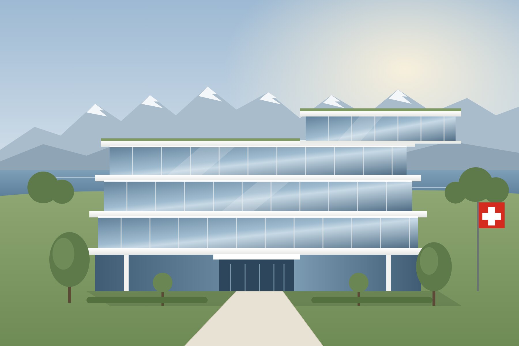 Illustration of a modern clinic by Lake Geneva, facing the Alps